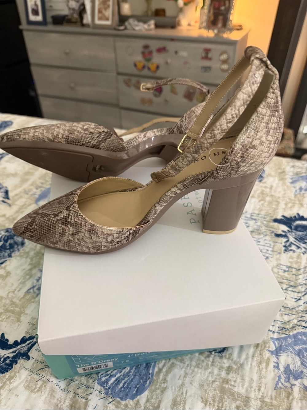 Pastry Style Brown Snakeskin Block Heel Pumps that can convert to Flats
